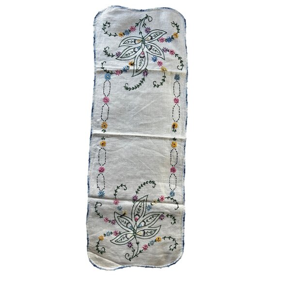 Vintage Hand-Embroidered Floral Table Runner Blue Crocheted Lace Edge 32"x16" - Picture 9 of 9